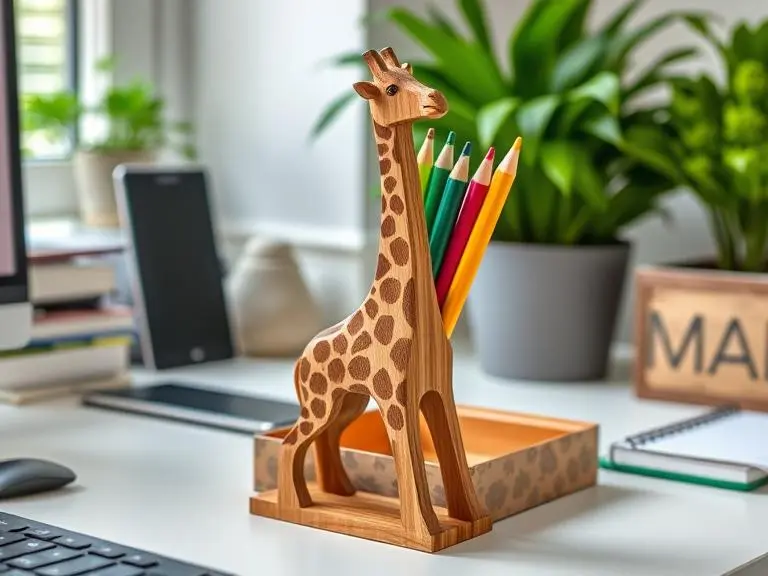 Wooden Giraffe Desk Pencil Holder
