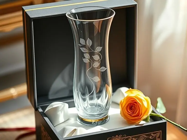 Engraved Crystal Vase with Gold Trim