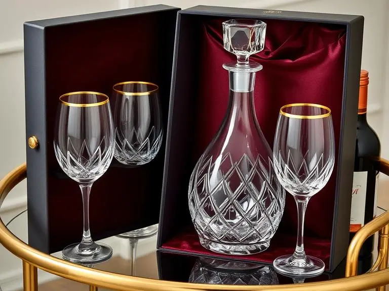 Crystal Wine Decanter Set with Gold Rim