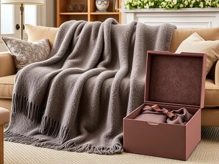 Soft, textured Luxury Wool Throw Blanket draped over a sofa