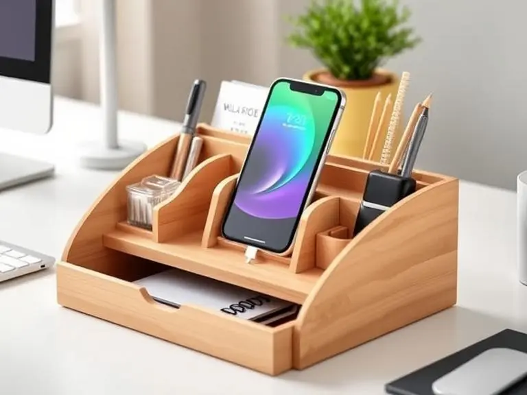 Wooden desk organizer with charging stand